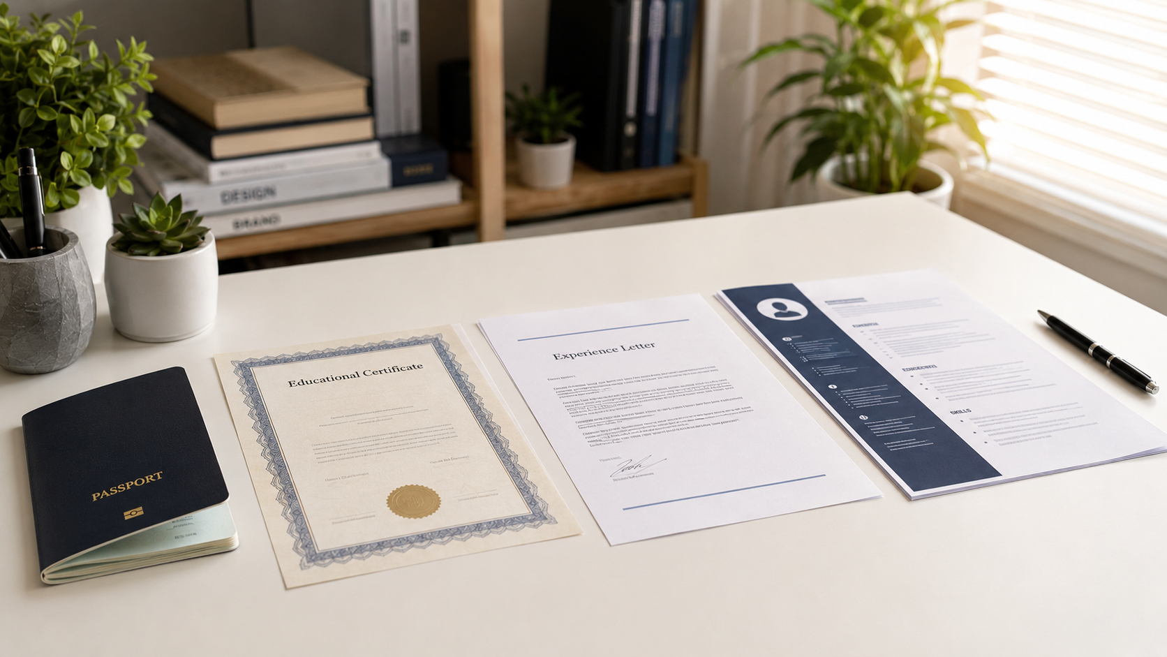 Documents required for Dubai jobs 2026 — passport, certificates and experience letters organised neatly on a desk