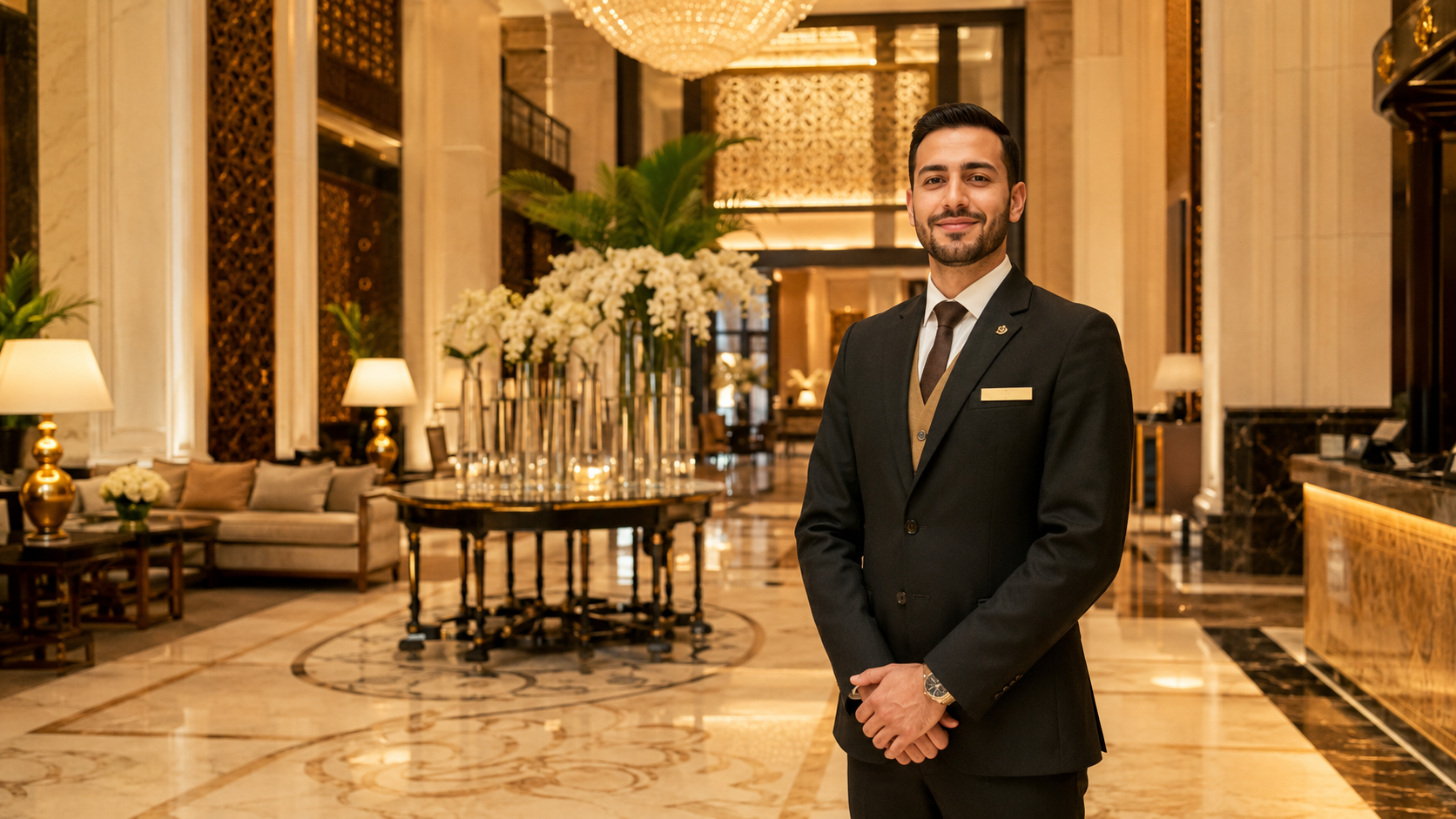 Dubai hotel jobs for foreigners 2026 — hotel staff member in uniform standing in a luxury Dubai hotel lobby