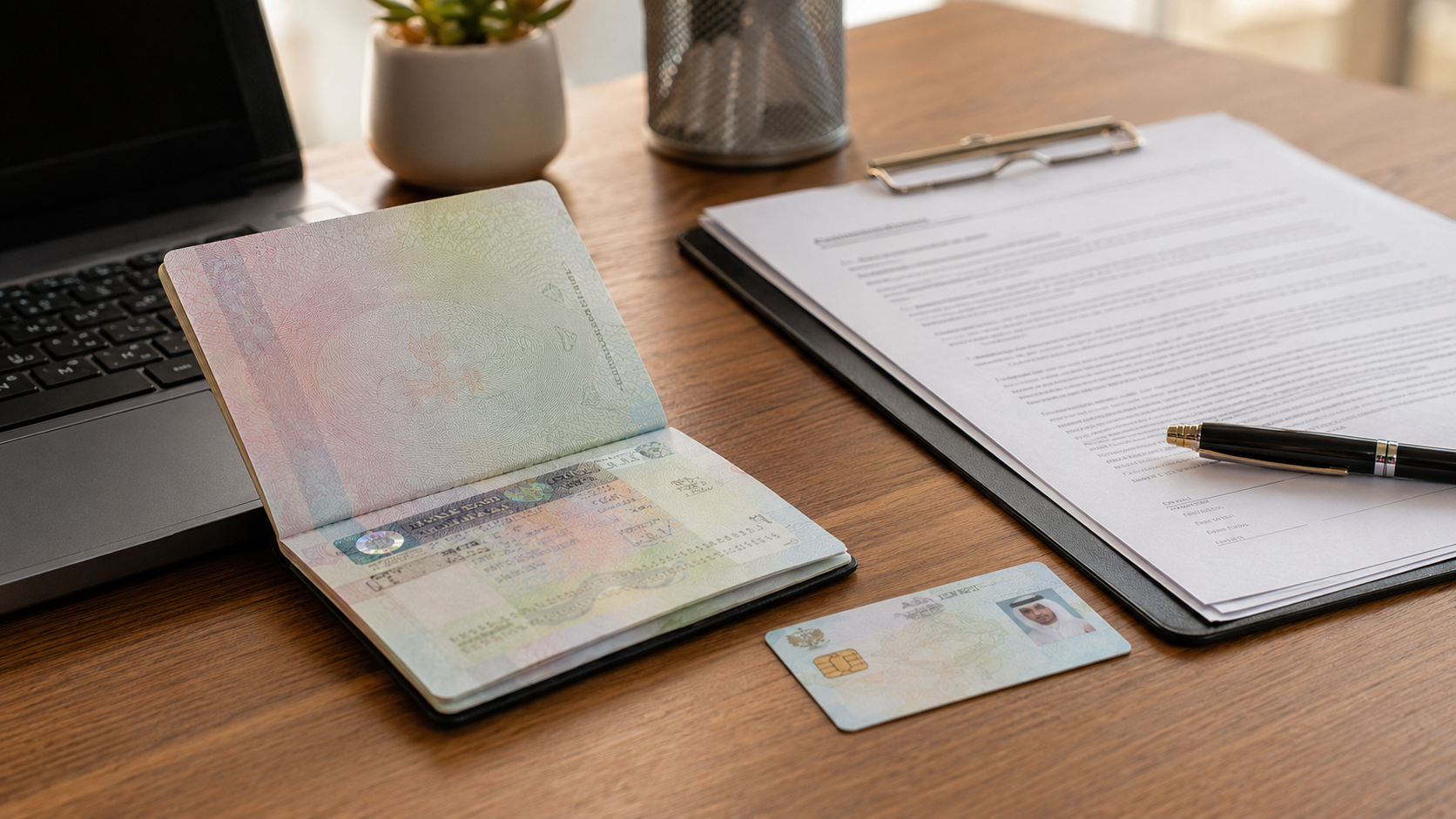 UAE employment visa cost and processing time 2026 — passport, Emirates ID card and visa documents laid on a clean office desk