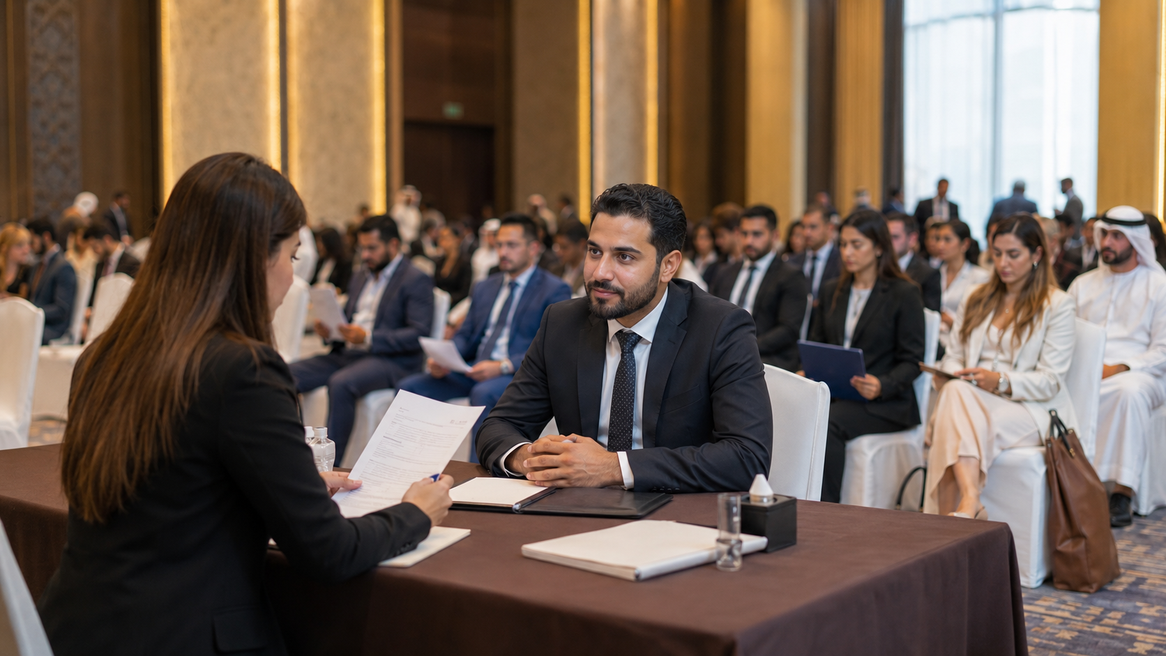Walk in interview jobs in Dubai 2026 – candidates attending a recruitment event at a Dubai hotel venue
